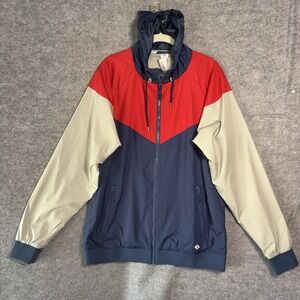 Burlebo Hooded Windbreaker Jacket Mens Sz M Red Blue Ripstop Lined Zip‎ Pockets